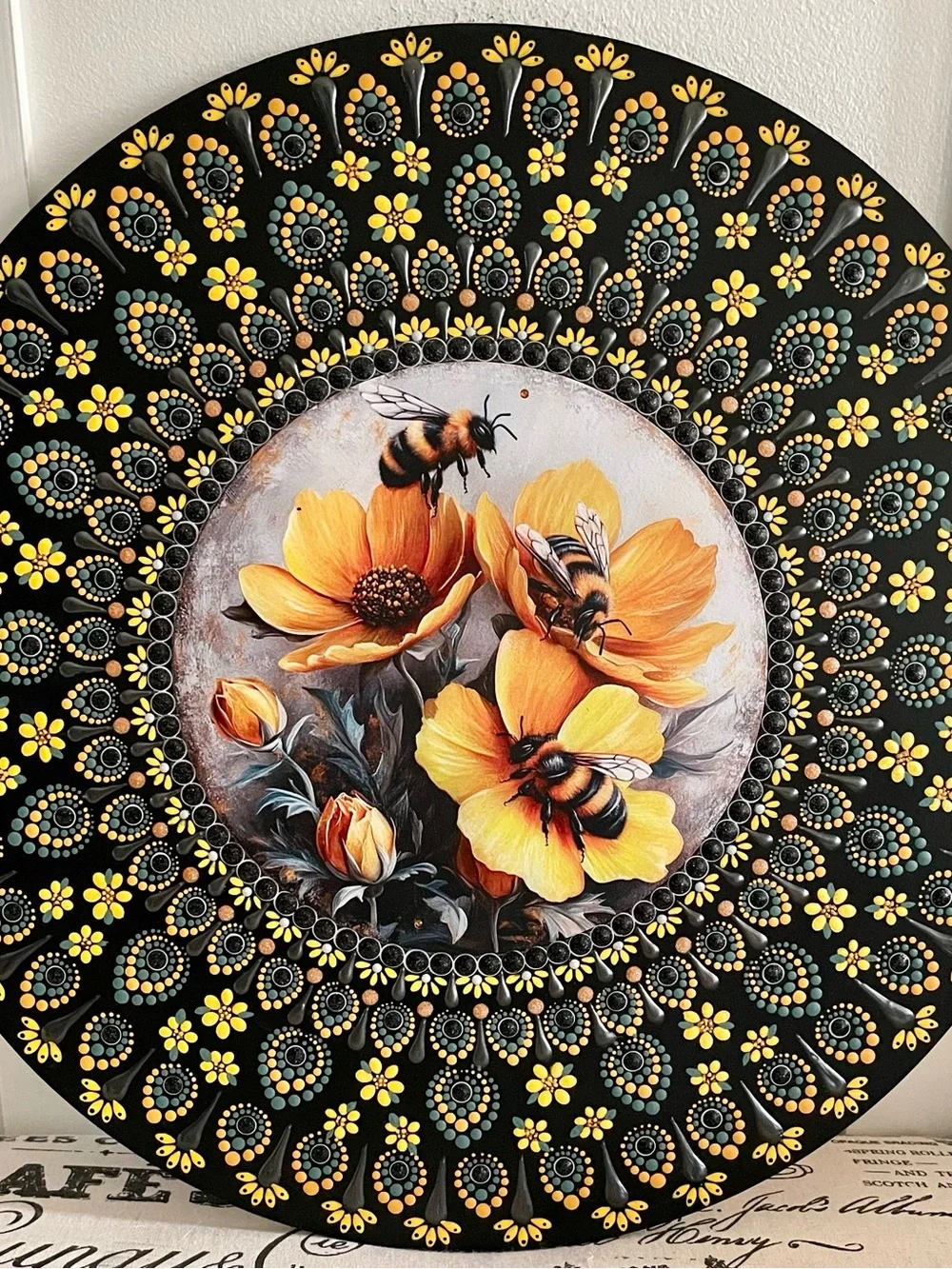Hand-Painted Bee & Flower Wall Art - Yellow on Black on 16 inch wood round
